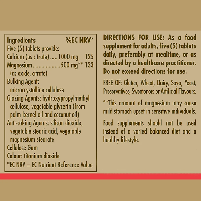 The label for Solgar's Calcium Magnesium Citrate 50 Tablets highlights key minerals, detailing the ingredients and daily value percentages. Directions provide information on dosage and dietary advice, as well as warnings about potential magnesium side effects for maintaining healthy bones.