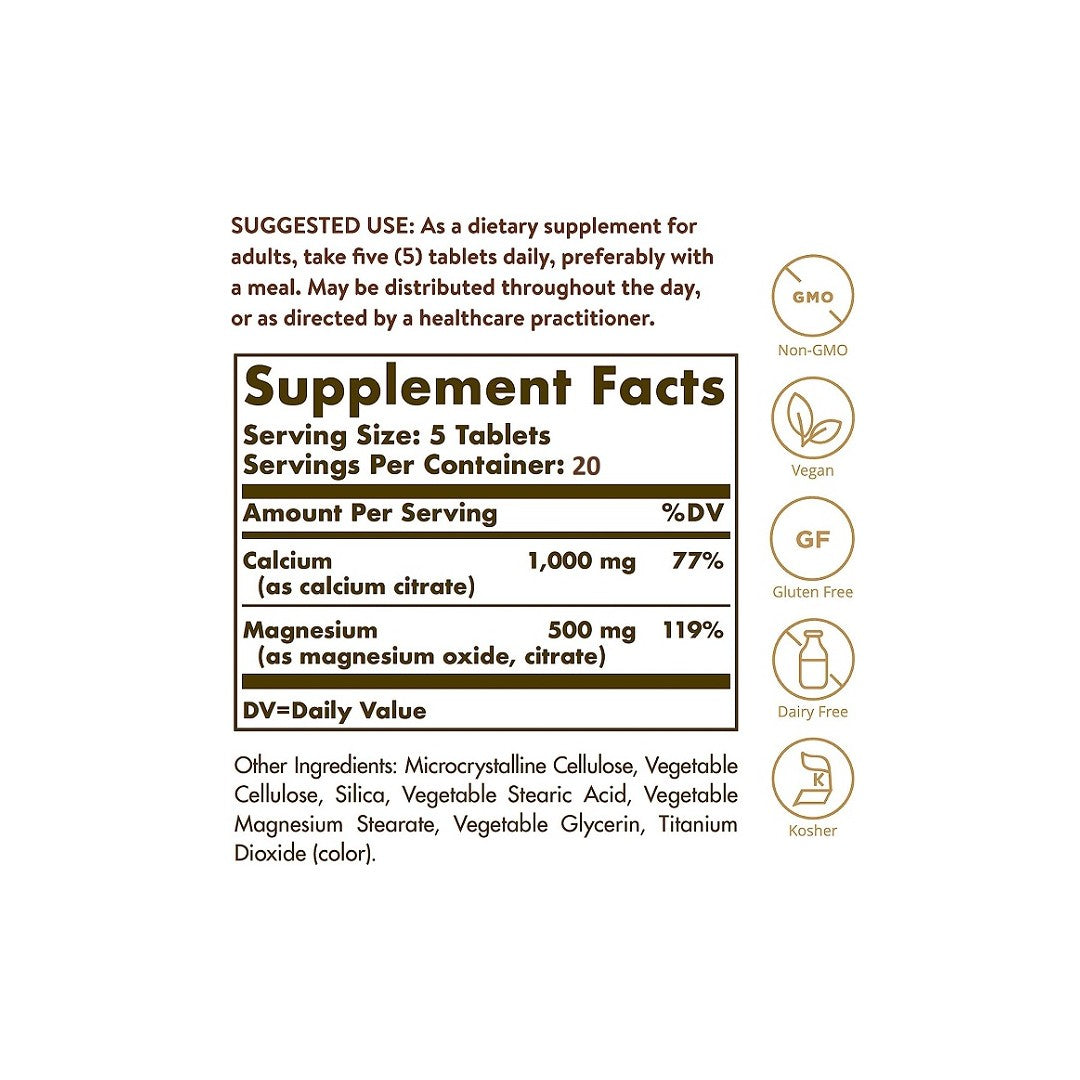 Une étiquette présentant les ingrédients du complément alimentaire Solgar Calcium Magnesium Citrate 100 Comprimés.