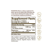 Vignette d'une étiquette présentant les ingrédients du complément alimentaire Solgar Calcium Magnesium Citrate 100 Comprimés.