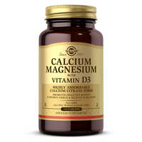 Thumbnail for A bottle of Solgar's Calcium Magnesium with Vitamin D3, holding 150 tablets and featuring a brown design, is promoted as a non-GMO dietary supplement that is free from gluten, wheat, and dairy.