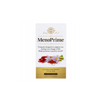 Thumbnail for A box of Solgar Meno Prime 30 Tablets, which includes mini-tablets with saffron extract designed to support mood during life changes. The packaging highlights relief for menopause, offering a sugar-free solution that is vegan-friendly.