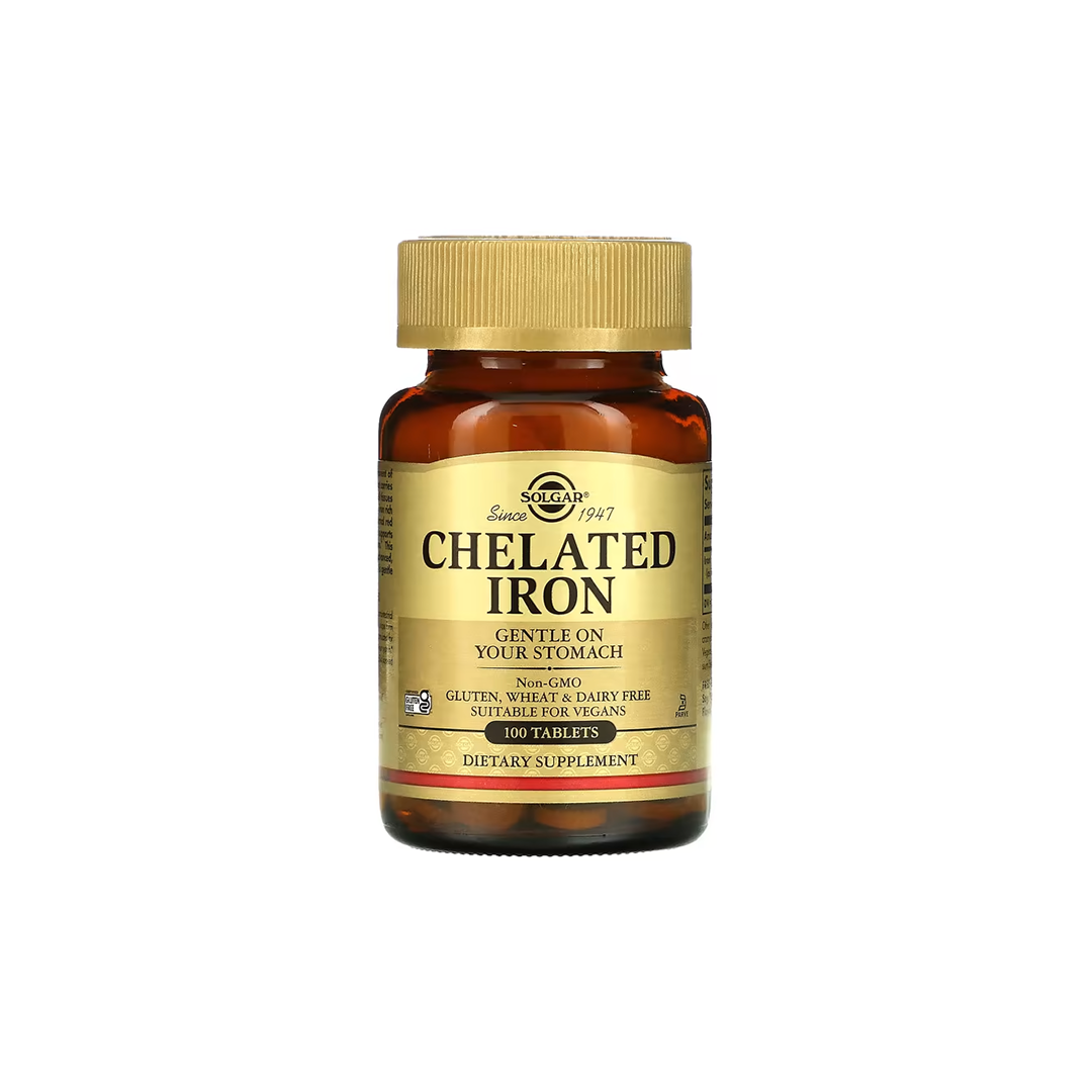 A bottle of Solgar Chelated Iron 25 mg with 100 tablets supports oxygen transport. According to the label, it is non-GMO, free from gluten, wheat, and dairy, suitable for vegans, and gentle on the stomach.