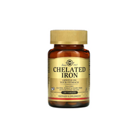 Thumbnail for A bottle of Solgar Chelated Iron 25 mg with 100 tablets supports oxygen transport. According to the label, it is non-GMO, free from gluten, wheat, and dairy, suitable for vegans, and gentle on the stomach.