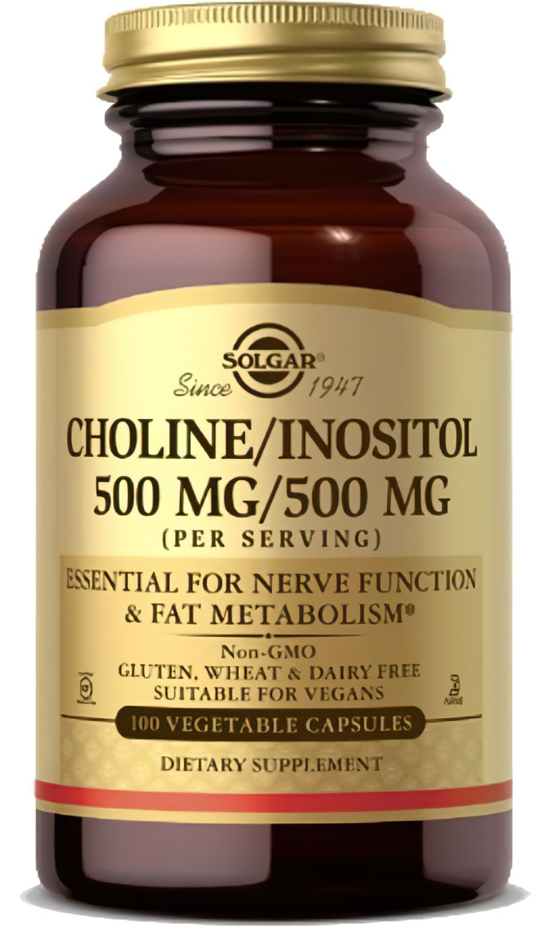Une bouteille de Solgar Choline 500 mg Inositol 500 mg 100 gélules végétales.