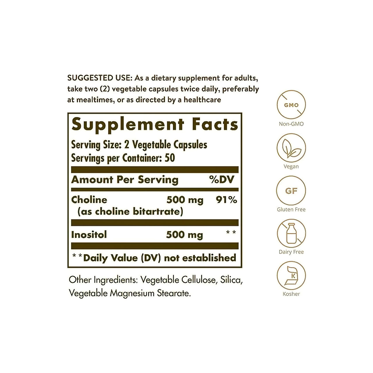 Une étiquette montrant les ingrédients du supplément Choline 500 mg Inositol 500 mg 100 gélules végétales de Solgar.