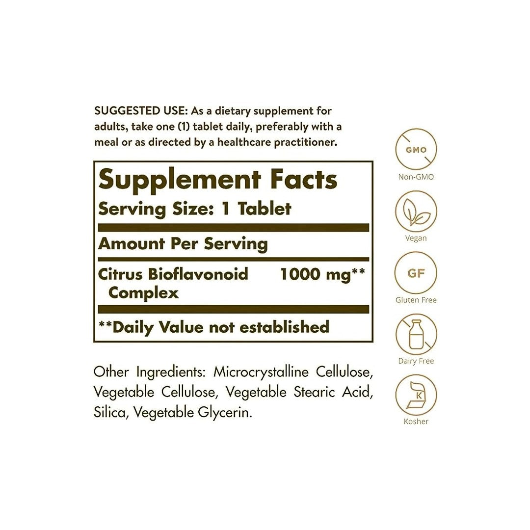 Une étiquette montrant les ingrédients du complément Citrus Bioflavonoid Complex 1000 mg Tablets de Solgar.
