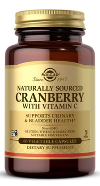 Vignette pour Solgar Natural Cranberry with Vitamin C 60 Vegetable Capsules avec des bénéfices pour l'immunité et la santé des voies urinaires.