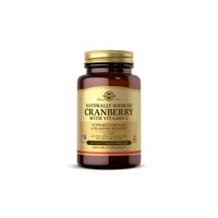 Vignette de la bouteille A Solgar Natural Cranberry with Vitamin C 60 Vegetable Capsules promouvant la santé des voies urinaires et l'immunité sur un fond blanc.