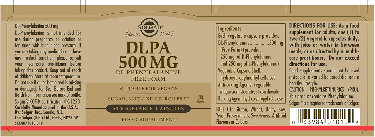 Label of a Solgar DLPA 500 mg 50 Vegetable Capsules supplement bottle, highlighting the essential amino acid DL-phenylalanine for mood support. Provides information on ingredients, directions, and vegan suitability.