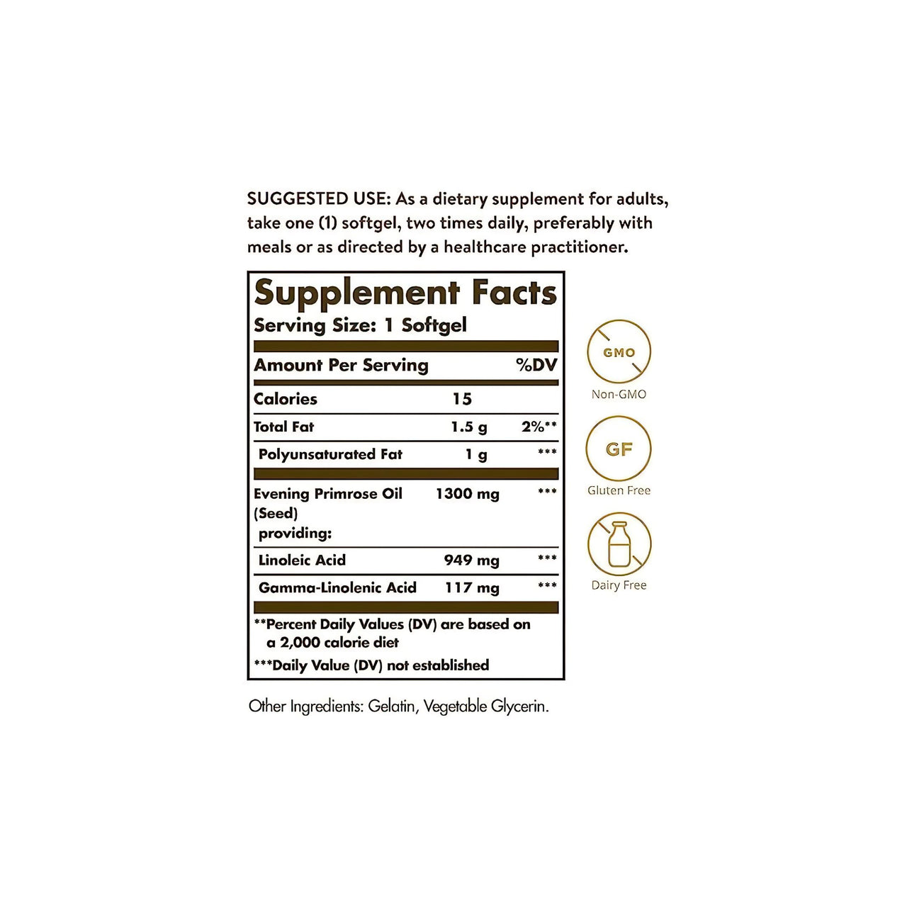 Une étiquette montrant les ingrédients du supplément d'huile d'onagre de Solgar 1300 mg 60 softgels.