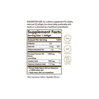 Vignette de l'étiquette indiquant les ingrédients du complément alimentaire Solgar's Evening Primrose Oil 1300 mg 60 Softgels.