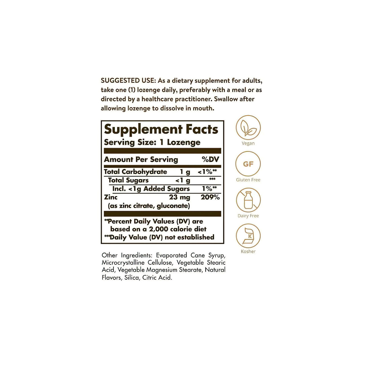 Une étiquette montrant le contenu d'un complément alimentaire Solgar Flavo-Zinc Zinc 23 mg 50 pastilles.