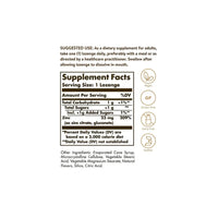 Vignette d'une étiquette montrant le contenu d'un complément alimentaire Solgar Flavo-Zinc Zinc 23 mg 50 pastilles.