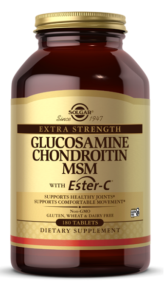 Une bouteille de Solgar's Glucosamine, Chondroïtine, MSM avec Ester-C 180 comprimés.