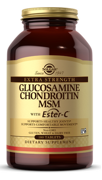 Vignette d'une bouteille de Solgar's Glucosamine, Chondroïtine, MSM avec Ester-C 180 comprimés.