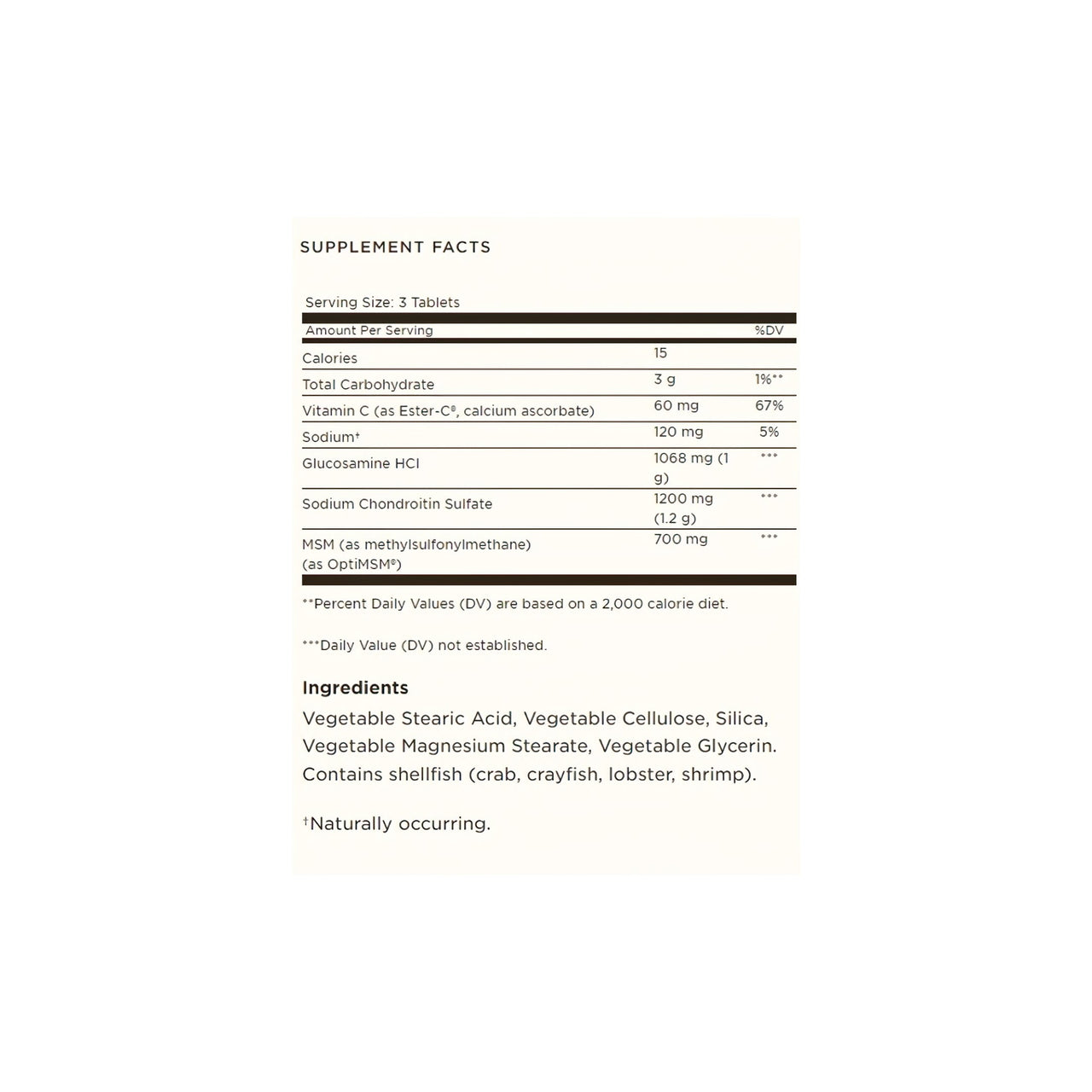 Étiquette nutritionnelle de Solgar's Glucosamine, Chondroïtine, MSM avec Ester-C 180 comprimés sur fond blanc.