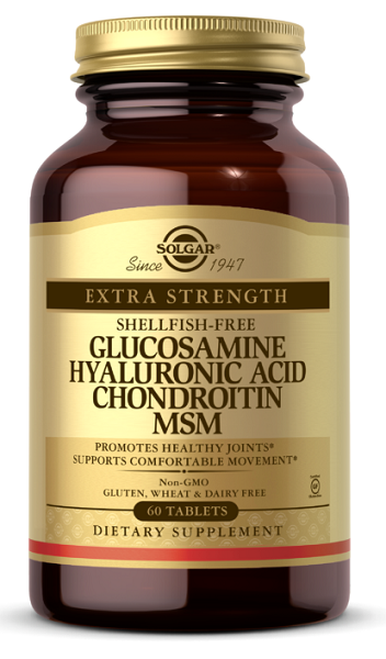Un flacon de Glucosamine, acide hyaluronique, chondroïtine et MSM 60 comprimés de Solgar.