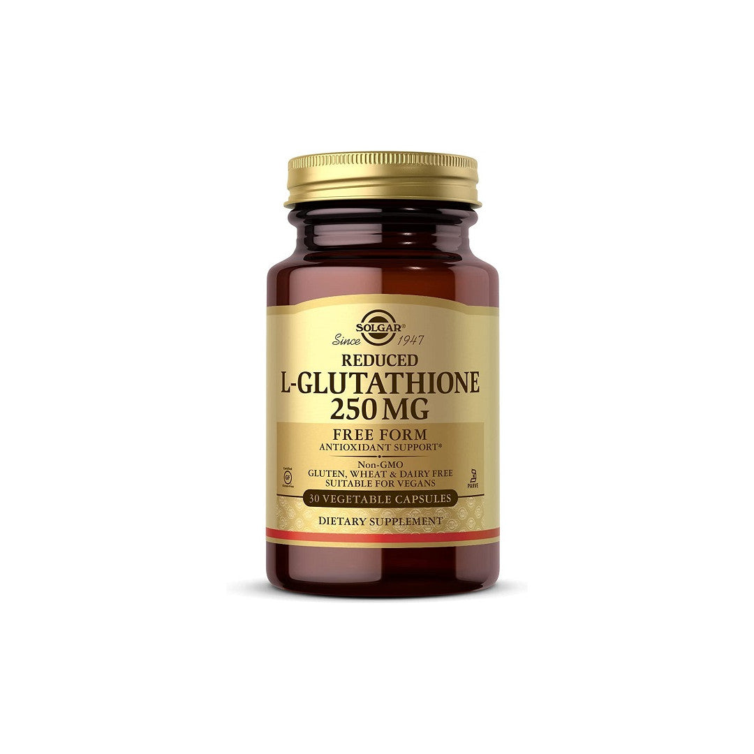 Une bouteille de Solgar Reduced L-Glutathione 250mg capsules, un supplément antioxydant.