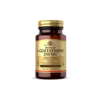 Vignette d'une bouteille de Solgar Reduced L-Glutathione 250mg capsules, un supplément antioxydant.