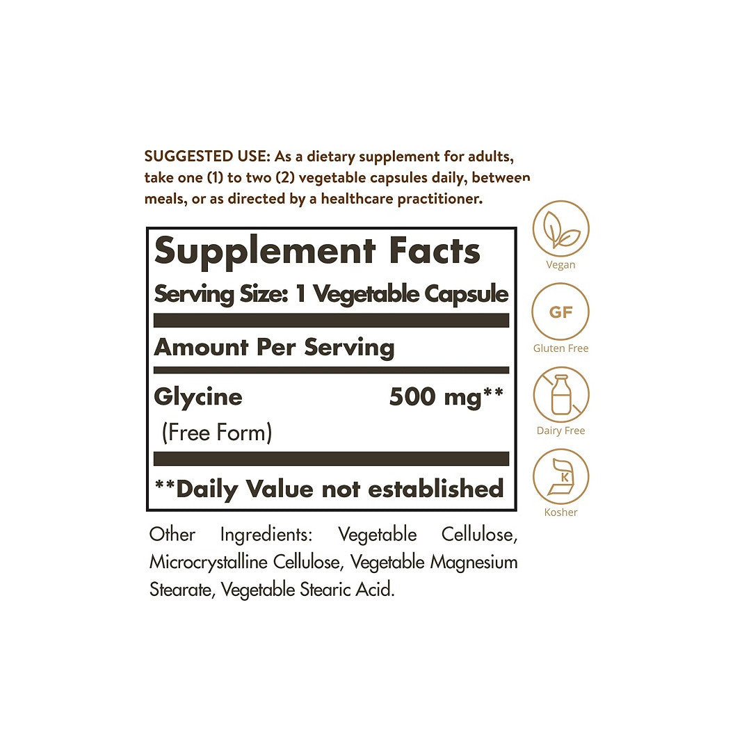 Une étiquette de Solgar's Glycine 500 mg 100 Vegetable Capsules, un supplément qui contient du ginkgo biloba.