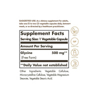 Vignette de l'étiquette de Solgar's Glycine 500 mg 100 Vegetable Capsules, un complément qui contient du ginkgo biloba.