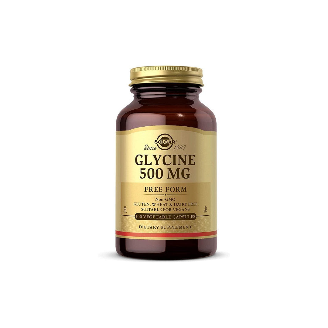 Une bouteille de Solgar Glycine 500 mg 100 gélules végétales sur fond blanc.