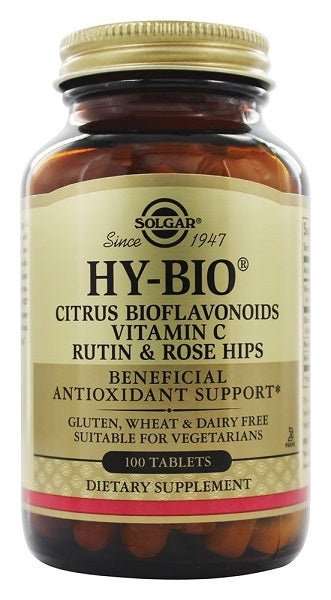 Un flacon de Solgar Hy-Bio 100 comprimés (500 mg de vitamine C avec 500 mg de bioflavonoïdes), rutine et hips.
