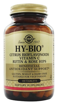 Vignette pour une bouteille de Solgar Hy-Bio 100 comprimés (500 mg de vitamine C avec 500 mg de bioflavonoïdes), rutine et hips.