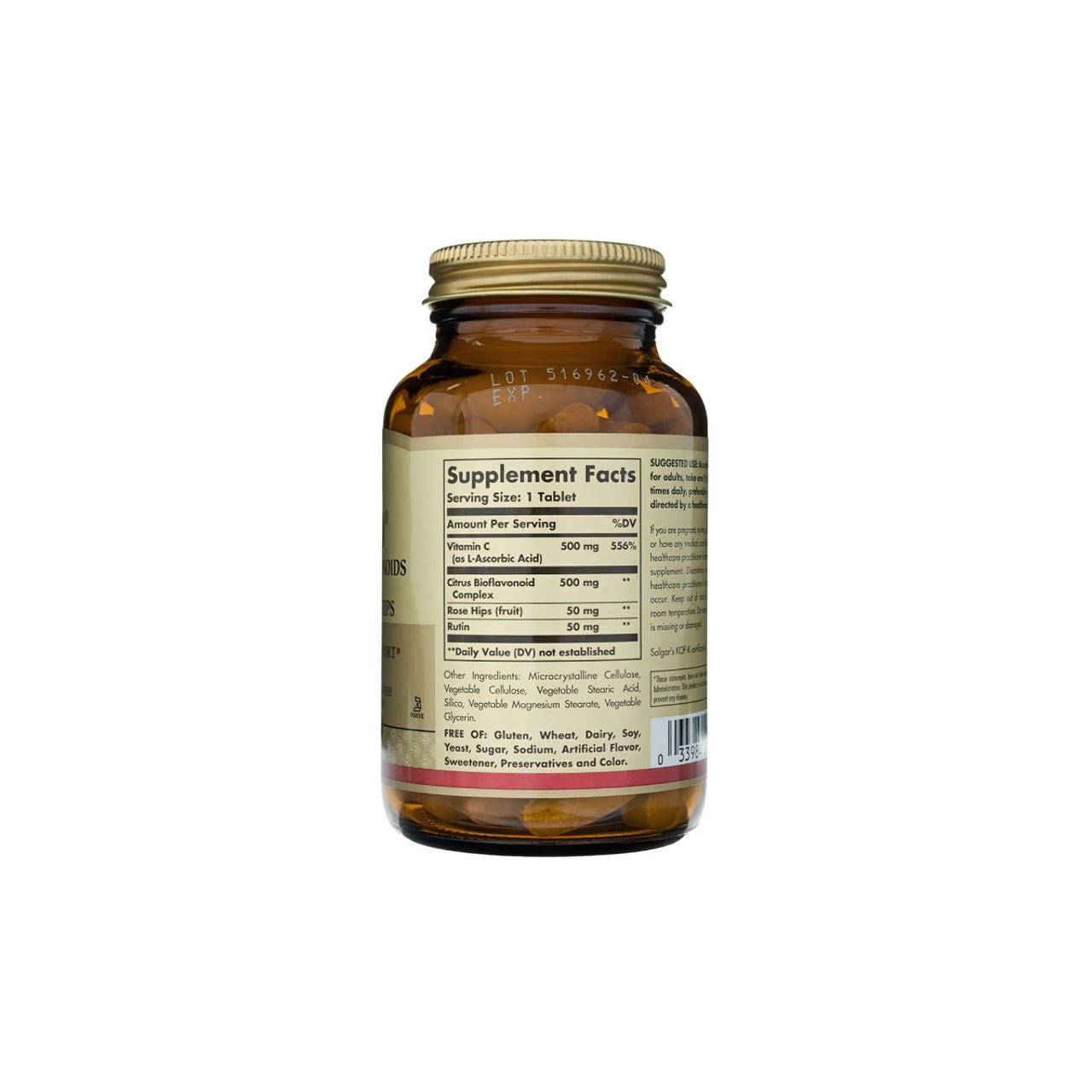 Un flacon de Solgar Hy-Bio 100 comprimés (500 mg de vitamine C avec 500 mg de bioflavonoïdes) sur fond blanc.