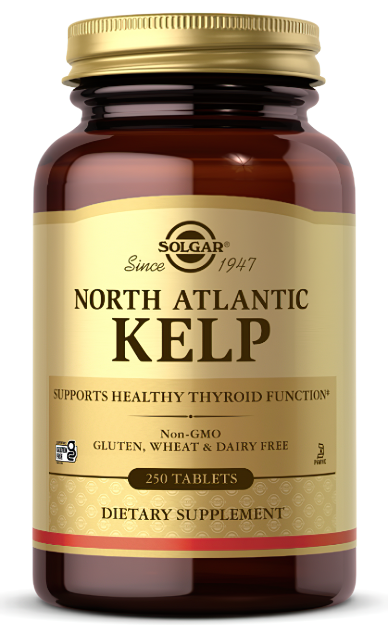 Une bouteille de Solgar North Atlantic Kelp 200 mcg 250 Comprimés, riche en iode pour soutenir une glande thyroïde saine.