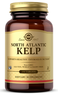 Vignette pour Une bouteille de Solgar North Atlantic Kelp 200 mcg 250 Comprimés, riche en iode pour soutenir la santé de la glande thyroïde.