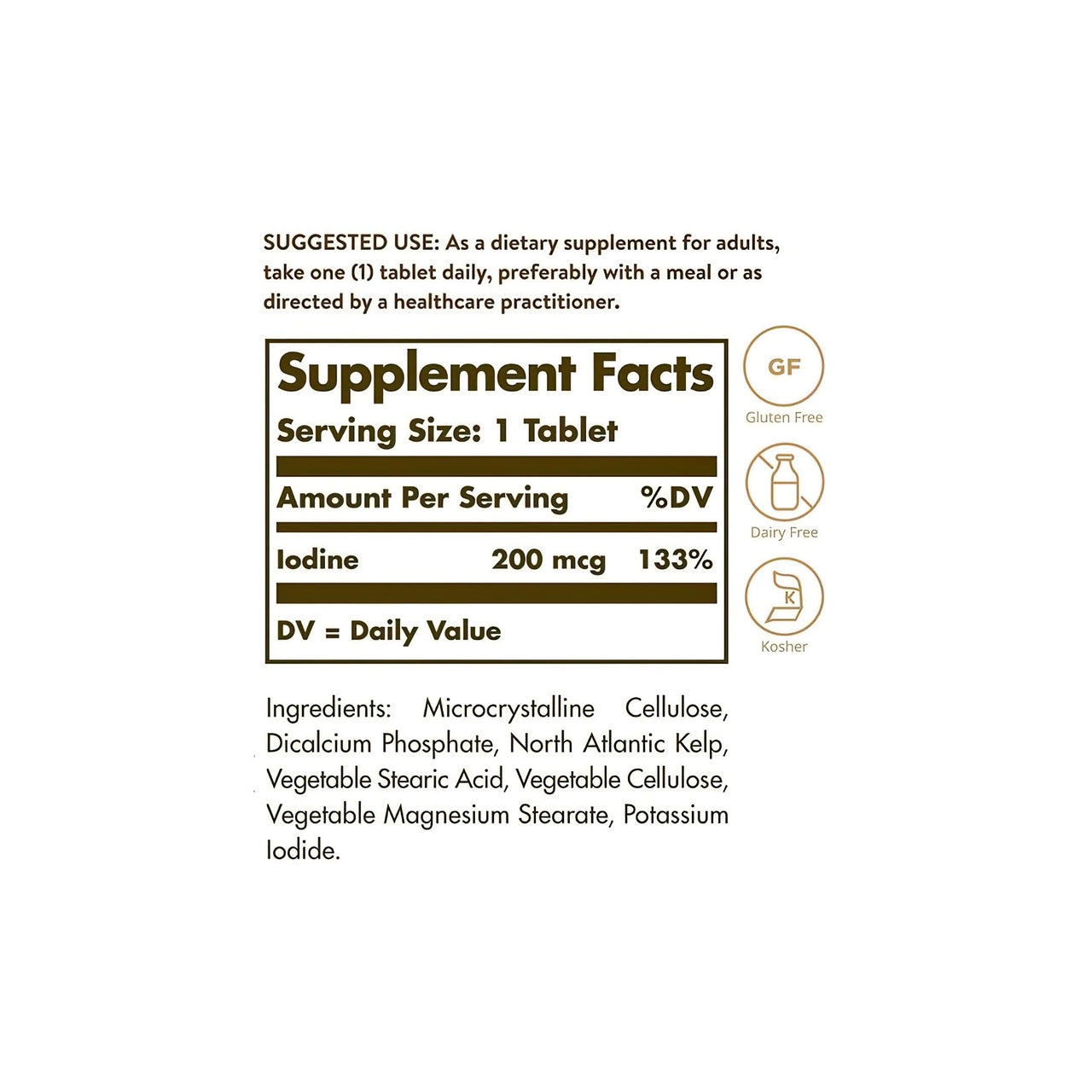 Etiquette Solgar indiquant les ingrédients d'un complément alimentaire North Atlantic Kelp 200 mcg 250 Tablets, y compris l'iode.