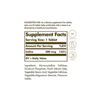 Vignette de l'étiquette du site Solgar indiquant les ingrédients d'un complément alimentaire North Atlantic Kelp 200 mcg 250 Tablets, y compris l'iode.