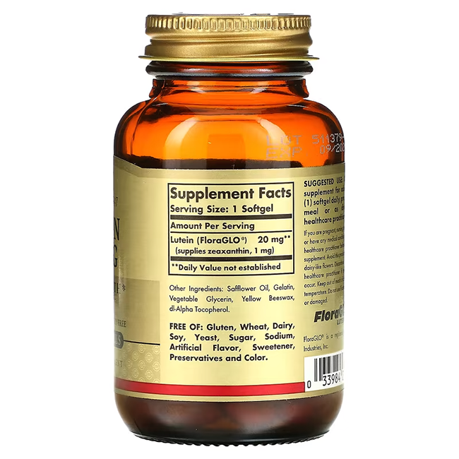 A bottle of Solgar Lutein 20 mg 60 Softgels, featuring a brown body and gold cap, emphasizes its powerful benefits for eye health. The label includes supplement facts and an ingredients list, enriched with zeaxanthin to support optimal vision.