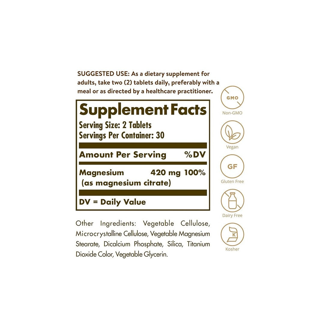 Une étiquette montrant les ingrédients du supplément Magnesium Citrate 420 mg 60 tabs de Solgar.