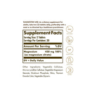 Vignette de l'étiquette montrant les ingrédients du supplément Magnesium Citrate 420 mg 60 tabs de Solgar.