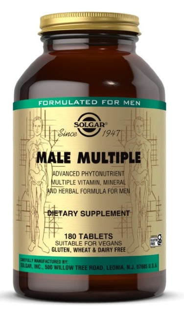 Une bouteille de Solgar Male Multiple Multivitamins & Minerals for Men 180 Comprimés.