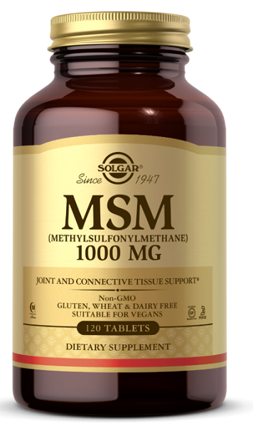 Solgar MSM 1000 mg 120 comprimés pour l'amélioration de la mobilité et de la flexibilité des articulations.