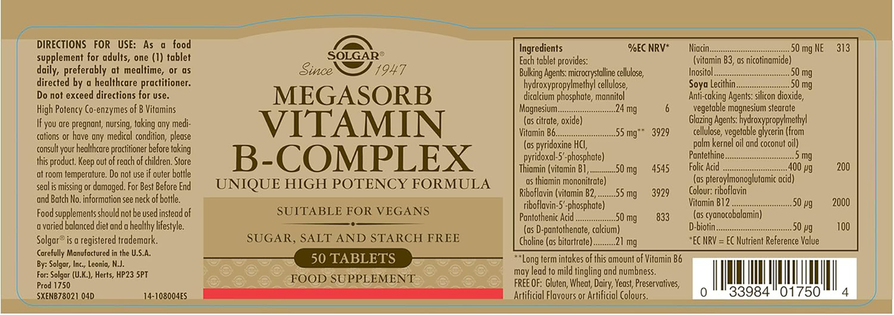 The label of the Megasorb Vitamin B-Complex 50 Tablets by Solgar includes usage directions, ingredients, and nutritional information. This dietary supplement is vegan-friendly and contains no sugar, salt, or starch. Each bottle provides 50 tablets enriched with essential B vitamins.