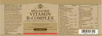 Thumbnail for The label of the Megasorb Vitamin B-Complex 50 Tablets by Solgar includes usage directions, ingredients, and nutritional information. This dietary supplement is vegan-friendly and contains no sugar, salt, or starch. Each bottle provides 50 tablets enriched with essential B vitamins.