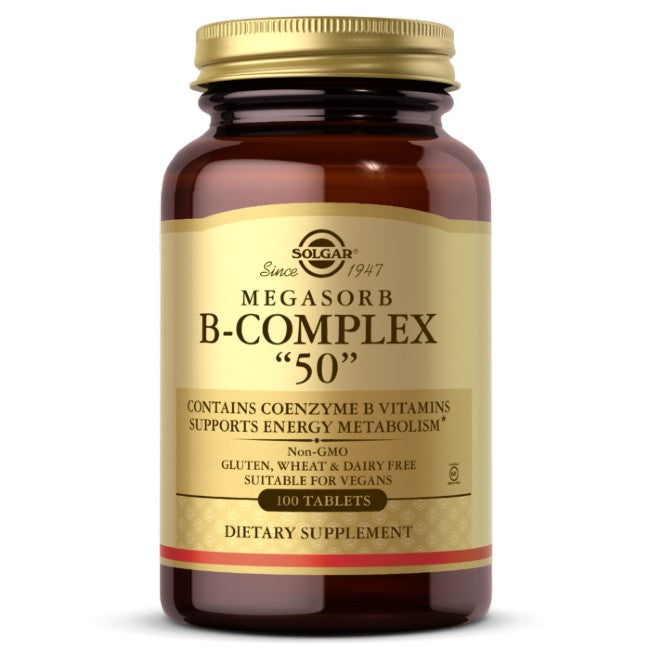 A brown bottle of **Solgar Megasorb B-Complex “50” 100 Tablets** dietary supplement containing 100 tablets, labeled as Non-GMO, gluten, wheat and dairy free, and suitable for vegans. This Vitamin B-50 Complex reduces fatigue and supports proper vision.