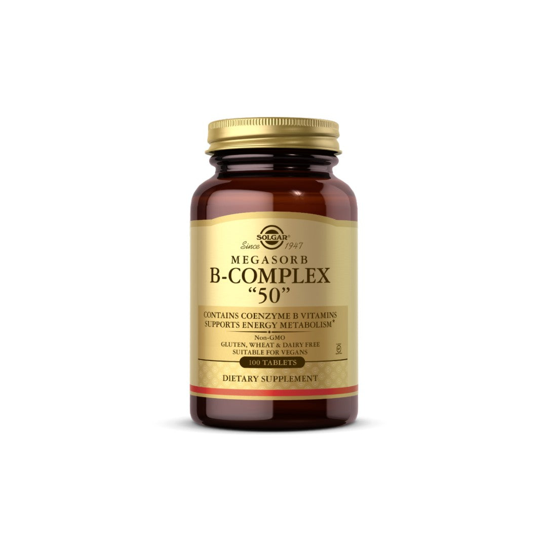 A brown bottle labeled "Solgar Megasorb B-Complex '50'" dietary supplement, 100 tablets. Contains coenzyme B vitamins, supports energy metabolism and proper vision, reduces fatigue, gluten, wheat, and dairy-free. Suitable for vegans.