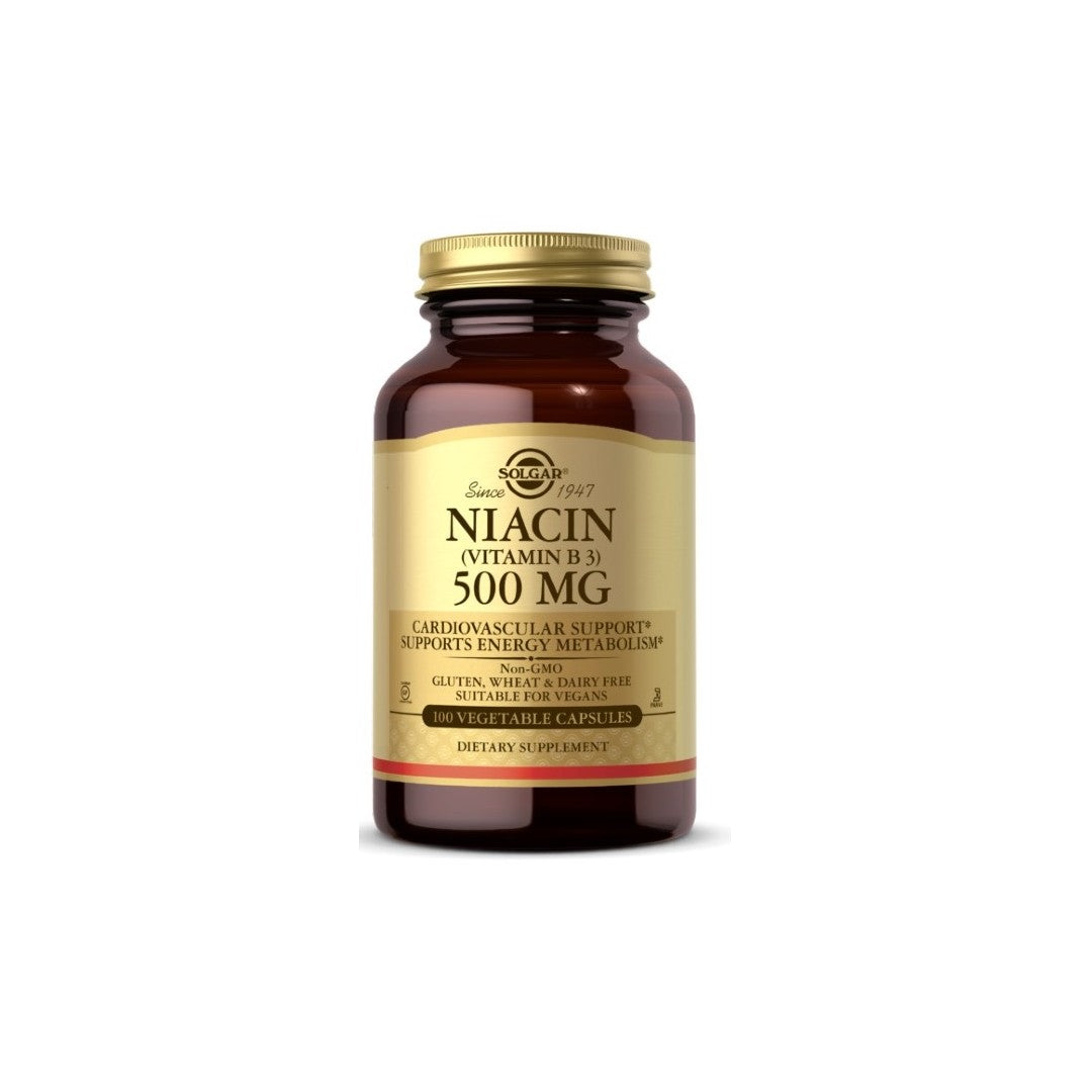 Solgar Niacine Vitamine B3 500 mg 100 gélules végétales pour la santé cardiovasculaire sur fond blanc.