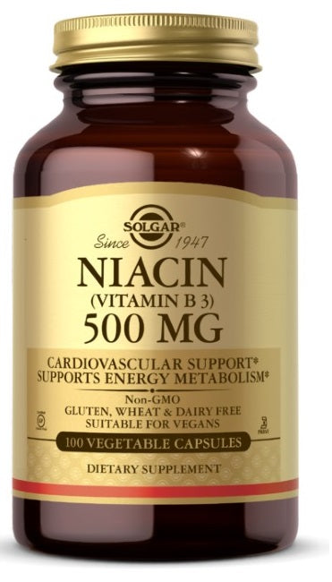 Une bouteille de Solgar Niacine Vitamine B3 500 mg 100 gélules végétales qui soutient la santé cardiovasculaire et aide à réguler les niveaux de lipides sanguins.