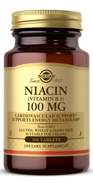 Un flacon de Solgar Niacine Vitamine B-3 100 mg 100 comprimés pour la santé du système nerveux et le métabolisme énergétique.