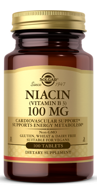 Vignette pour Un flacon de Solgar Niacine Vitamine B-3 100 mg 100 comprimés pour la santé du système nerveux et le métabolisme énergétique.