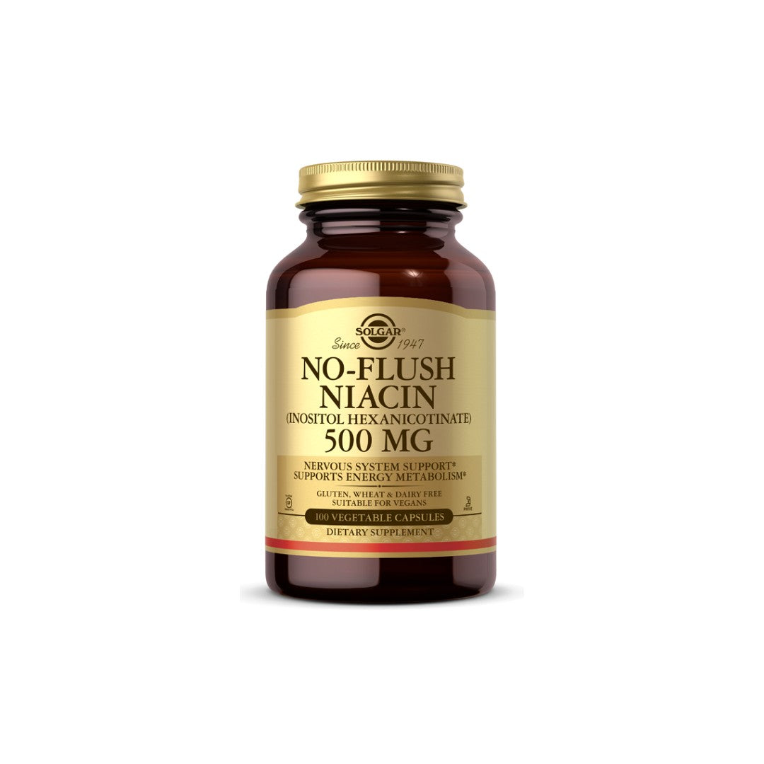 SolgarNo-Flush Niacin 500 mg Vitamine B3 Vegetable Capsules soutient la santé cardiovasculaire et régule les taux de lipides sanguins.