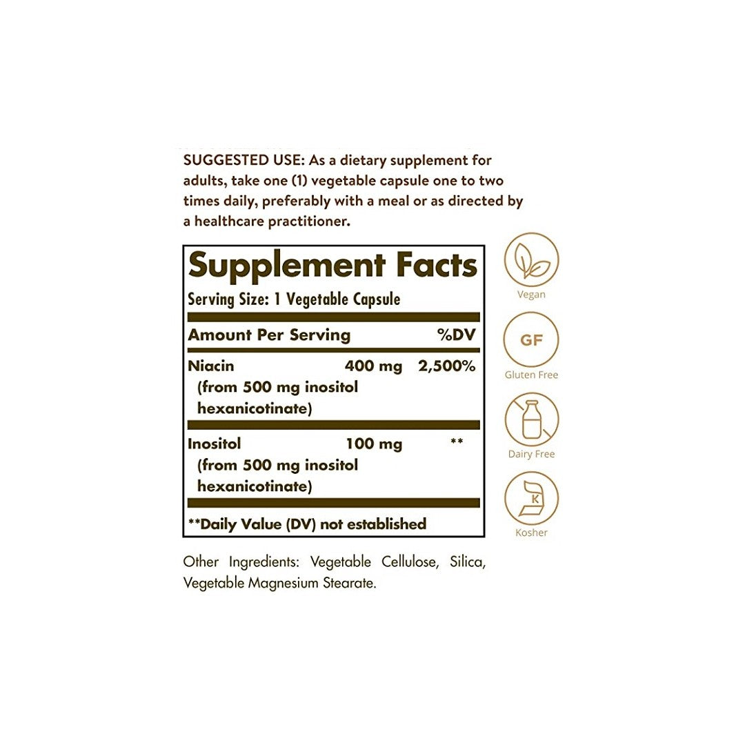 Le verso de l'étiquette de Solgar No-Flush Niacin 500 mg Vitamin B3 Vegetable Capsules fournit des informations essentielles sur le produit, notamment sur son impact sur les taux de lipides sanguins et la santé cardiovasculaire. En outre, elle inclut des mots-clés SEO essentiels liés au métabolisme des glucides pour faciliter l'accès au produit.