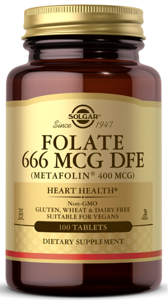 Une bouteille de FOLATE 666 MCG DFE (METAFOLIN® 400 MCG) 100 TAB par Solgar.