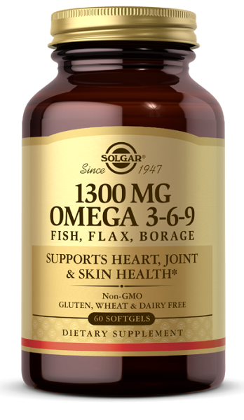 Un flacon de Solgar Omega 3-6-9 60 sgel, riche en acides gras essentiels et distillé moléculairement.